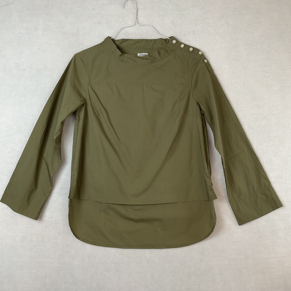 J.Crew Womens Olive Green Cotton Poplin Funnel Neck Button Shoulder Blouse Sz 8